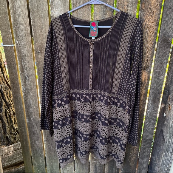 Johnny Was Brown Cupra Rayon Eyelet Lace & Embroidered Long Sleeve Tunic Sz M - Picture 1 of 16